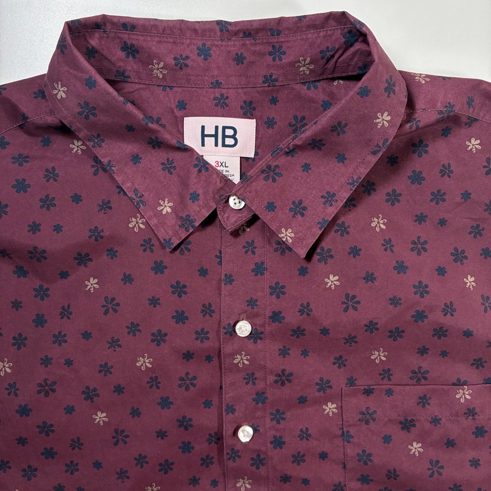 HB Harbor Bay Button Down Shirt 3XL Maroon Floral‎ All Over AOP Short Sleeve
